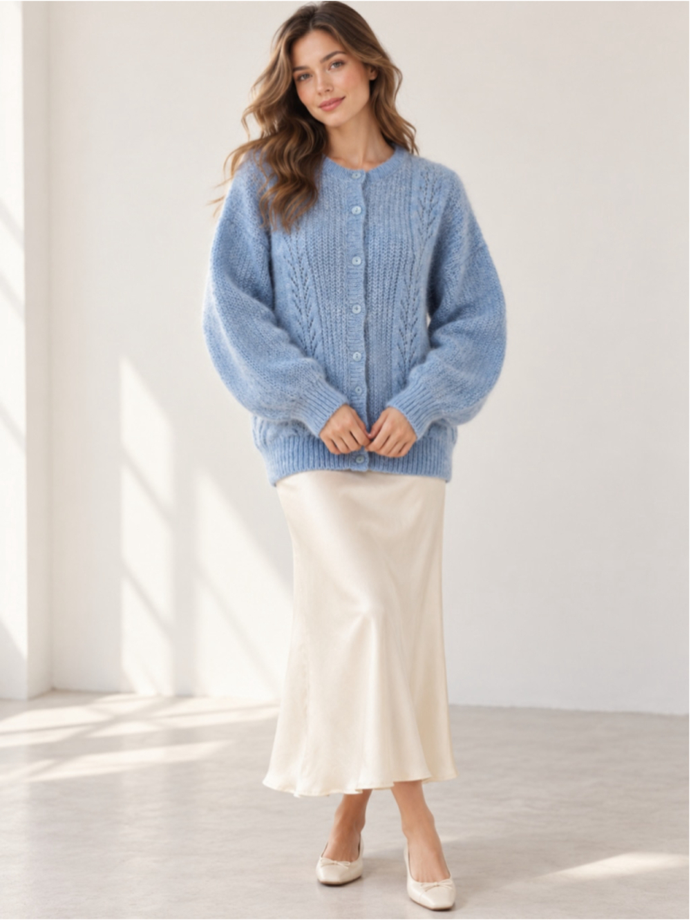 Vintage 80s BHS Mohair Cardigan UK 14 Powder Blue Fuzzy Knit Made in Britain